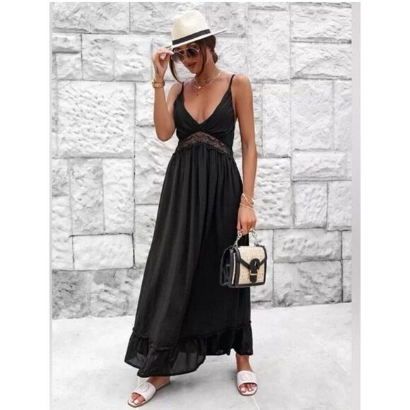 NEW Jason Wu Black Crochet Maxi Dress Boho Beach Vacation Linen Blend Sz XS - Picture 1 of 12